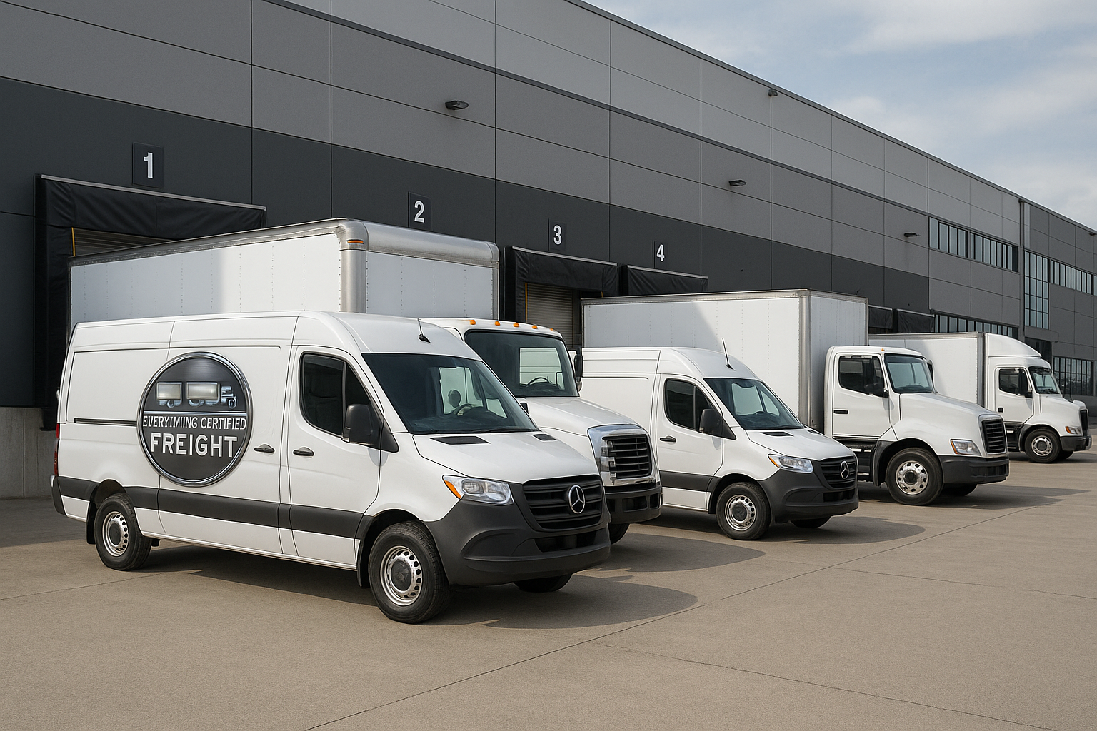 Box trucks and sprinters lined up at a warehouse