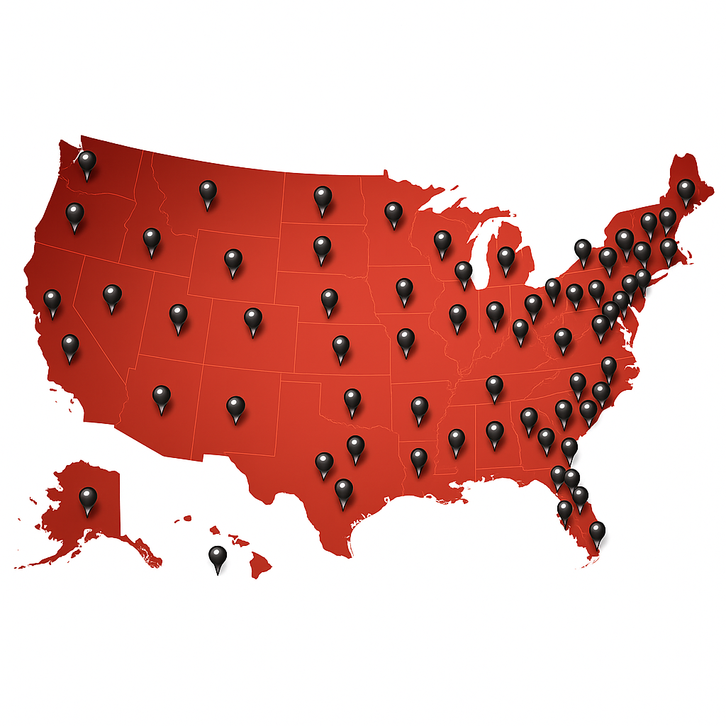 Nationwide coverage map of the United States with markers
